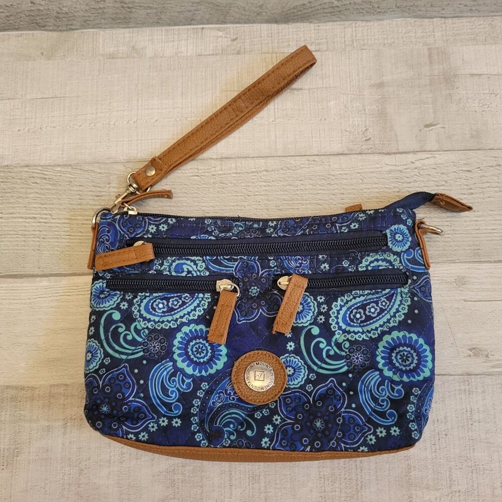 Stone Mountain USA Paisley Wristlet Purse Blue & Brown Zipper Closure Small Bag